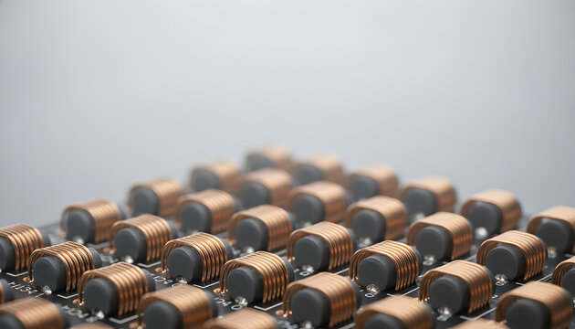 Macro photography of copper coil inductor matrix on a circuit board featuring high-key top copy space for tech branding