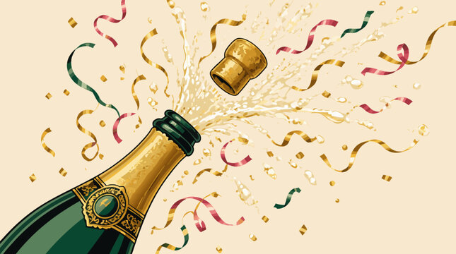 Celebration concept with a popping champagne bottle spraying bubbly foam and liquid in the air, festive flat vector illustration for party, New Year, wedding, and special event designs.
