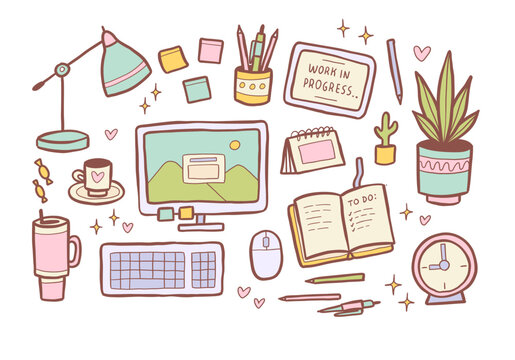 Office supplies and Back to school cute collection. Hand drawn kawaii vector elements set for work and education.