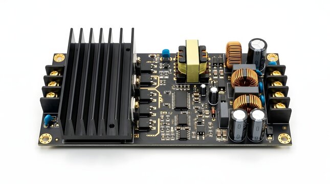 AC to DC electronic power converter circuit board featuring a black aluminum heat sink, electrolytic capacitors, copper induction coils, and a yellow transformer on a white background.