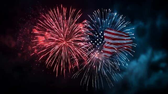 High energy USA flag color fireworks for 4th of July Independence Day night celebration motion background