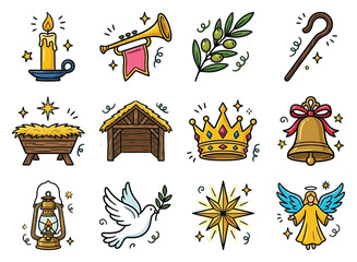 Obraz premium Nativity symbols like a stable manger and star with a dove and angel bring hope and peace