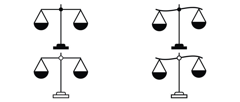 Law scale icon. Justice sign. Set of outline icons related to balance.
