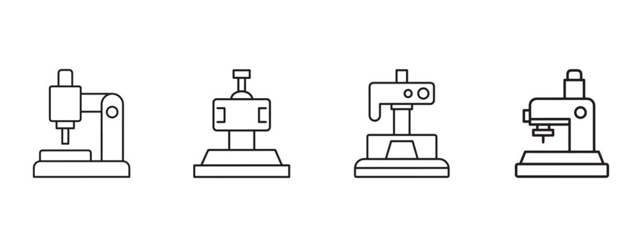 Line drawing of four different industrial machines on bases in a row for manufacturing or assembly  industrial equipment