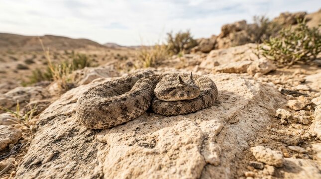 horned viper resting quietly on light colored desert rock environment