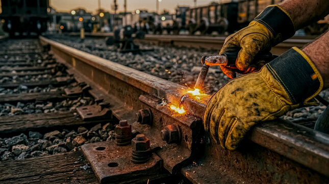 Worker in protective gloves performing hot work on railway tracks, ensuring proper rail alignment and maintenance.