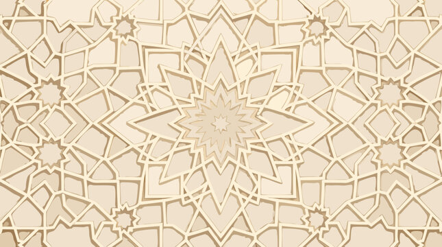 Ornate geometric Islamic star pattern background with intricate interlaced lines, traditional Arabic style flat vector illustration of sacred geometry and cultural art on light background.