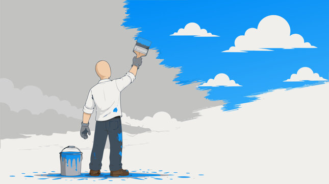 Optimistic flat vector illustration of a faceless worker using a brush to paint a gray sky bright blue, representing positive change, hope, renovation, and creating a better future today.