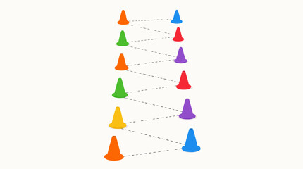 Fototapeta premium Professional soccer training cones arranged in a zig-zag pattern for agility drills, sports equipment for football practice sessions, flat vector illustration on a clean light background.