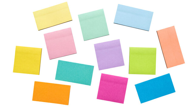 Array of assorted pastel and vibrant sticky notes creating an organized clutter, perfect for digital design elements.