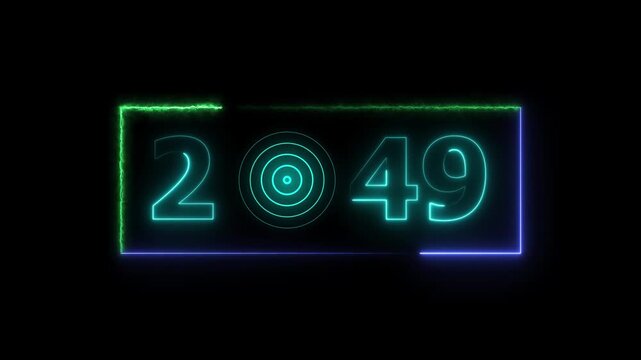 49 years neon bright number text radio wave red color animation. New year celebration number. Black background 4k video.