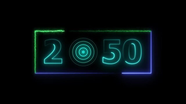 50 years neon bright number text radio wave red color animation. New year celebration number. Black background 4k video.