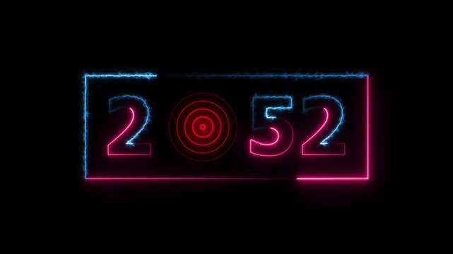 2052 years neon bright number text radio wave red color animation. New year celebration number. Black background 4k video.