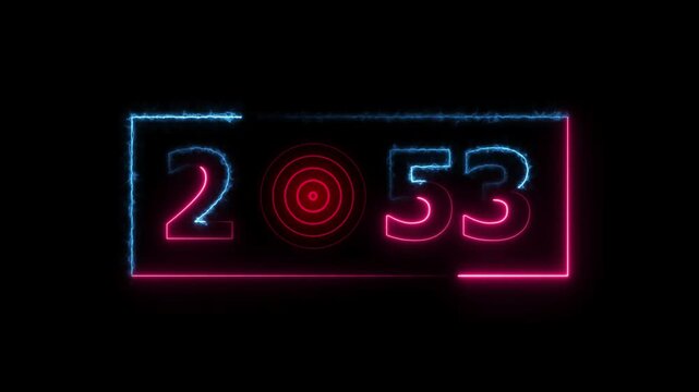 2053 years neon bright number text radio wave red color animation. New year celebration number. Black background 4k video.