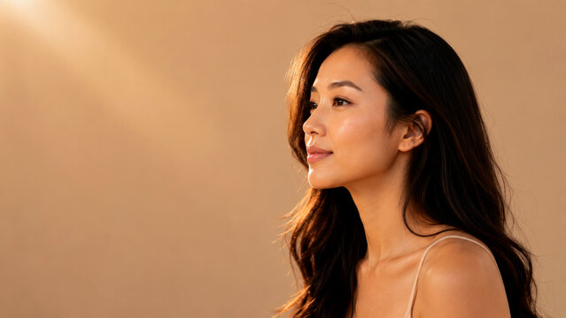 Elegant Asian Woman Side Profile Beauty Portrait with Glowing Skin in Warm Studio Lighting, Natural Skincare and Cosmetic Advertising Banner with Copy Space