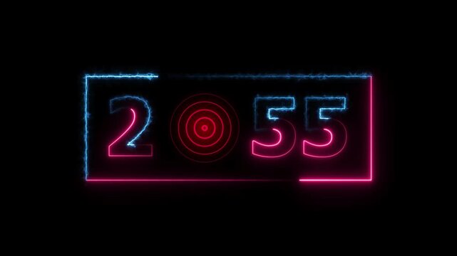 2055 years neon bright number text radio wave red color animation. New year celebration number. Black background 4k video.