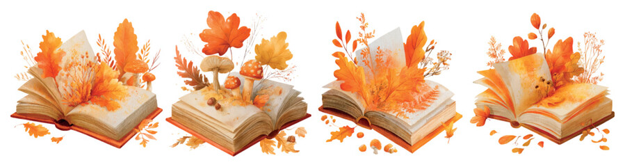 Open books with vibrant autumn leaves, mushrooms, acorns, and forest elements in a watercolor illustration, symbolizing storytelling, wisdom, fantasy, and nature's magic © Narin