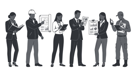 Obraz premium Diverse professionals in action: business, construction, and military team.