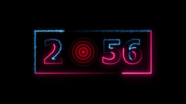 2056 years neon bright number text radio wave red color animation. New year celebration number. Black background 4k video.
