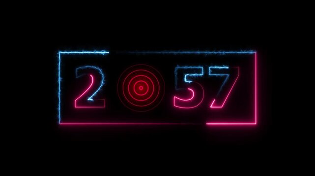 2057 years neon bright number text radio wave red color animation. New year celebration number. Black background 4k video.