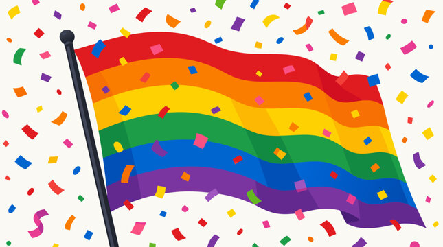 Vibrant flat vector illustration of a rainbow pride flag surrounded by falling colorful confetti on a clean light background, celebrating LGBTQ diversity, equality, love, and inclusion event.