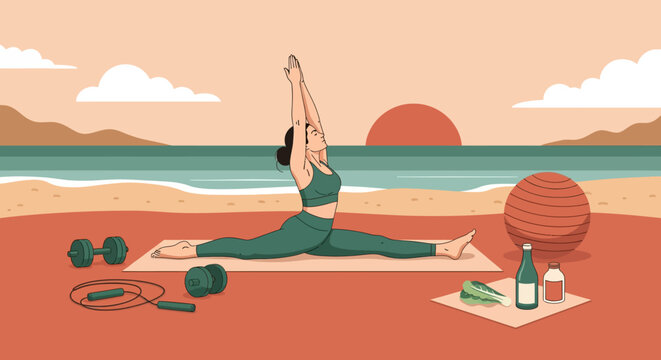 Woman doing splits yoga pose on beach with fitness equipment.