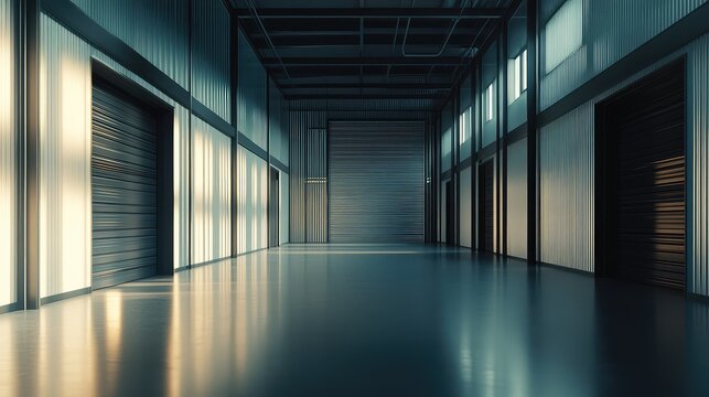 Empty industrial warehouse interior featuring a long corridor with multiple closed roll up garage doors and light streaming in from high windows, highlighting the clean, reflective floor