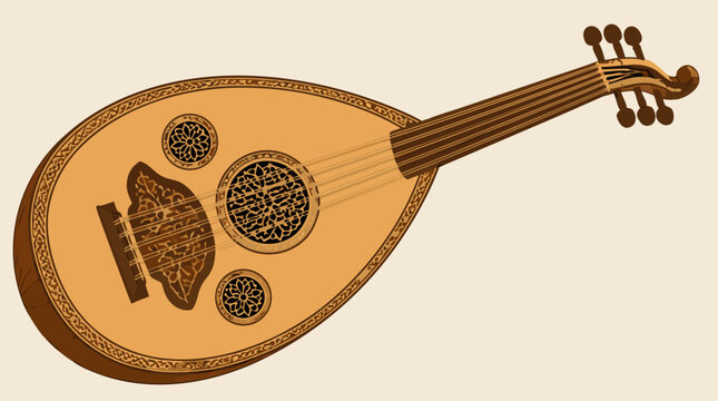 Traditional acoustic oud string instrument with intricate detailing, classic Middle Eastern lute in a clean flat vector illustration style isolated on a light background for music lovers.
