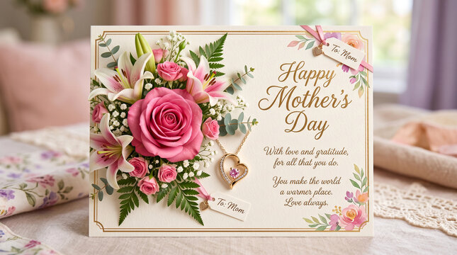 Beautiful mothers day greeting card featuring a bouquet of pink roses and lilies with a heartshaped pendant necklace