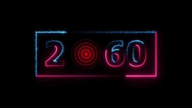 2060 years neon bright number text radio wave red color animation. New year celebration number. Black background 4k video.