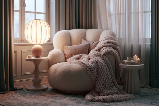 Living room corner with minimal decor, knitted blanket draped over armchair and lamp glow