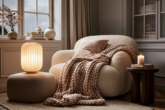 Living room corner with minimal decor, knitted blanket draped over armchair and lamp glow