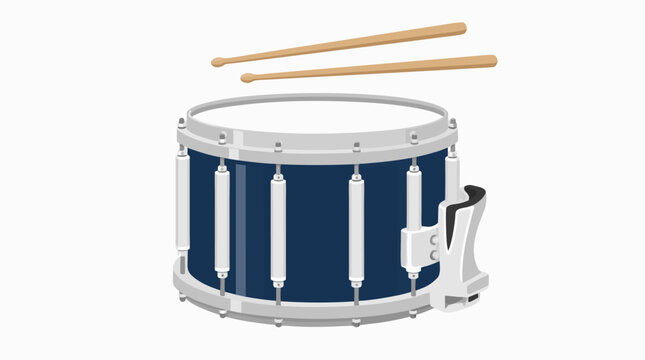 Parade marching snare drum with wooden sticks resting on the drumhead surface, flat vector illustration of a musical percussion instrument for bands, festivals, and rhythmic performances.