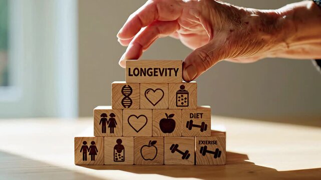 A hand placing a block on a tower of blocks with icons representing longevity.