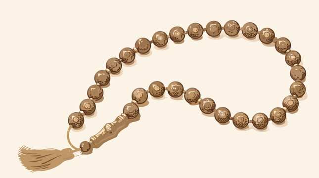 Traditional string of tasbih prayer beads with decorative tassel, flat vector illustration of Islamic subha beads for meditation and worship, spiritual symbol on light clean isolated background.