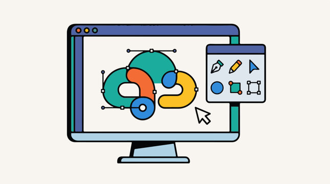 A computer monitor displays overlapping colored shapes and a toolbar