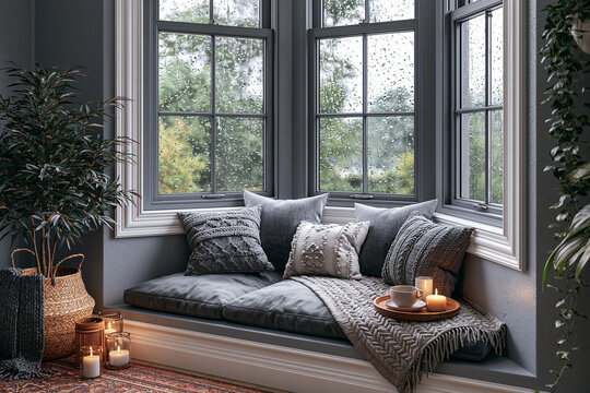Rainy day window view, soft gray interior, intimate home atmosphere