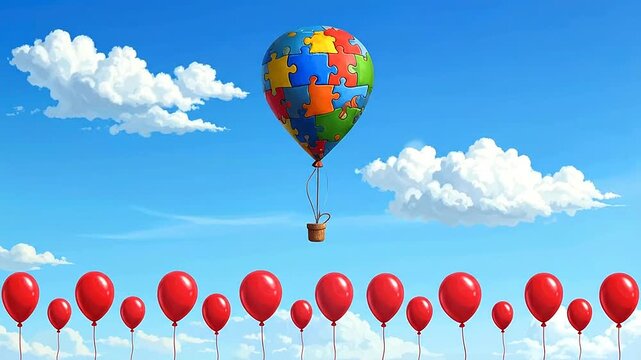 A colorful puzzle hot air balloon rises above a row of identical red balloons