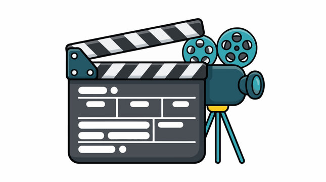 A cartoon graphic of a film clapper board and camera setup