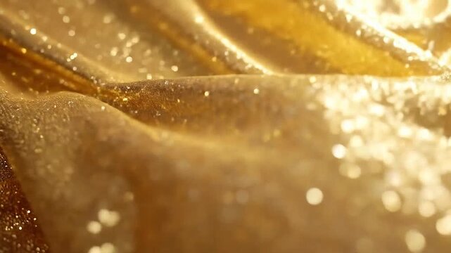 Luxurious golden glitter fabric with elegant flowing folds