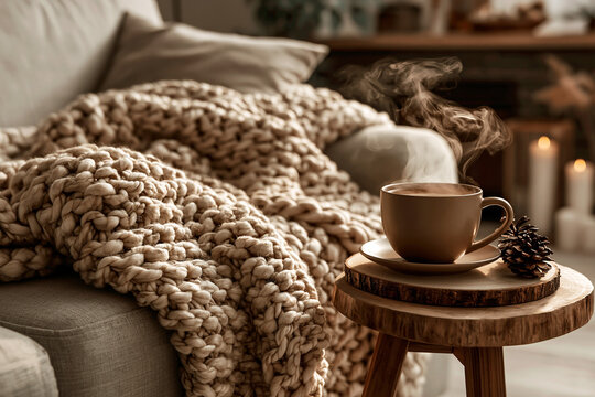 Cozy sofa with throw blanket and steaming tea mug on side table