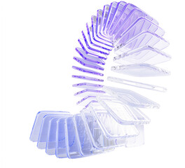 Plakat Hologram glass loop line render art, graphic circular array effect. Dynamic flow of transparent square shapes with purple gradient. Abstract curve wave line on light blue background