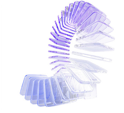 Hologram glass loop line render art, graphic circular array effect. Dynamic flow of transparent square shapes with purple gradient. Abstract curve wave line on light blue background