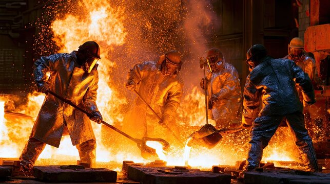 Metallurgy Workers in Protective Fireproof Gear Operating Furnace
