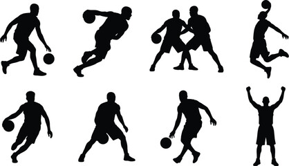 Basketball Player Silhouette Set with Dribbling Dunking Defense and Victory Poses © MSTMEHEJABINBINDA