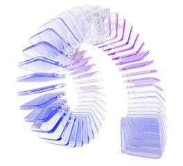 Plakat Spiral glass holographic 3D tape ribbon, graphic circle array effect. Iridescent transparent vortex of geometric square plate shapes on light blue background. Abstract gradient swirl