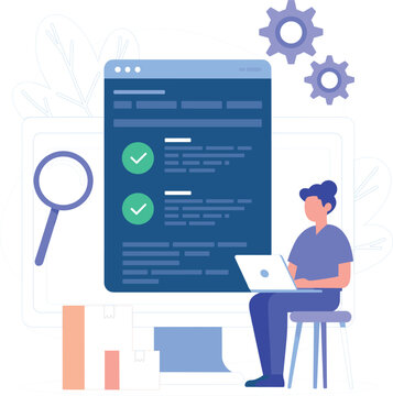Software development and code review concept with programming analysis and debugging