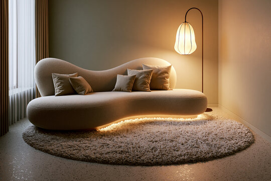 Neutral lounge with curved sofa, single floor lamp, beige rug, minimal luxury interior 