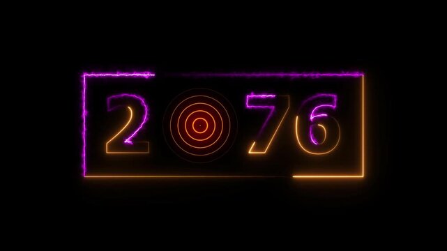 2076 years neon bright number text radio wave colorful animation. New year celebration number. Black background 4k video.
