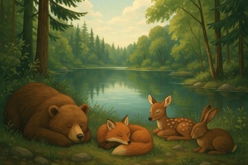 Fototapeta premium Peaceful forest animals resting